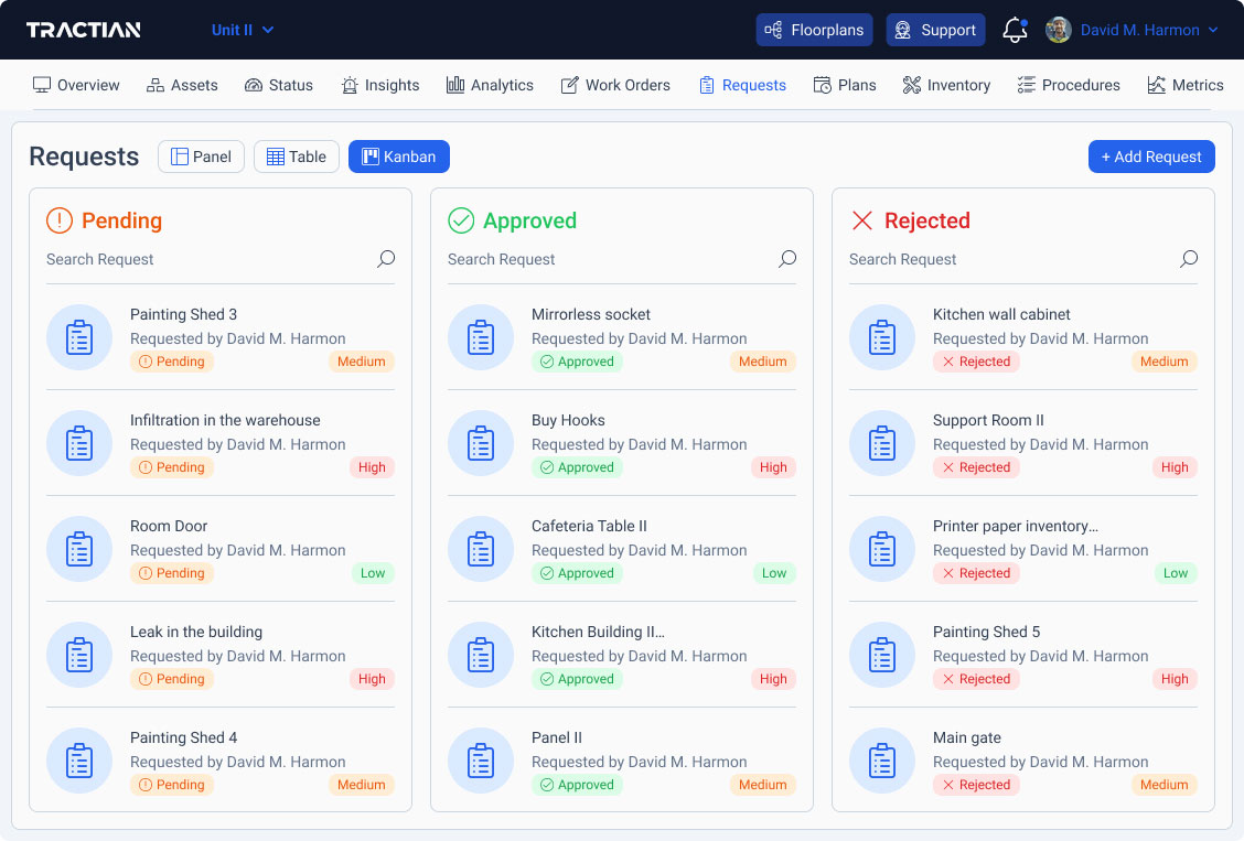 Showing how to use the Requests section in TRACTIAN platform to facilitate visual management