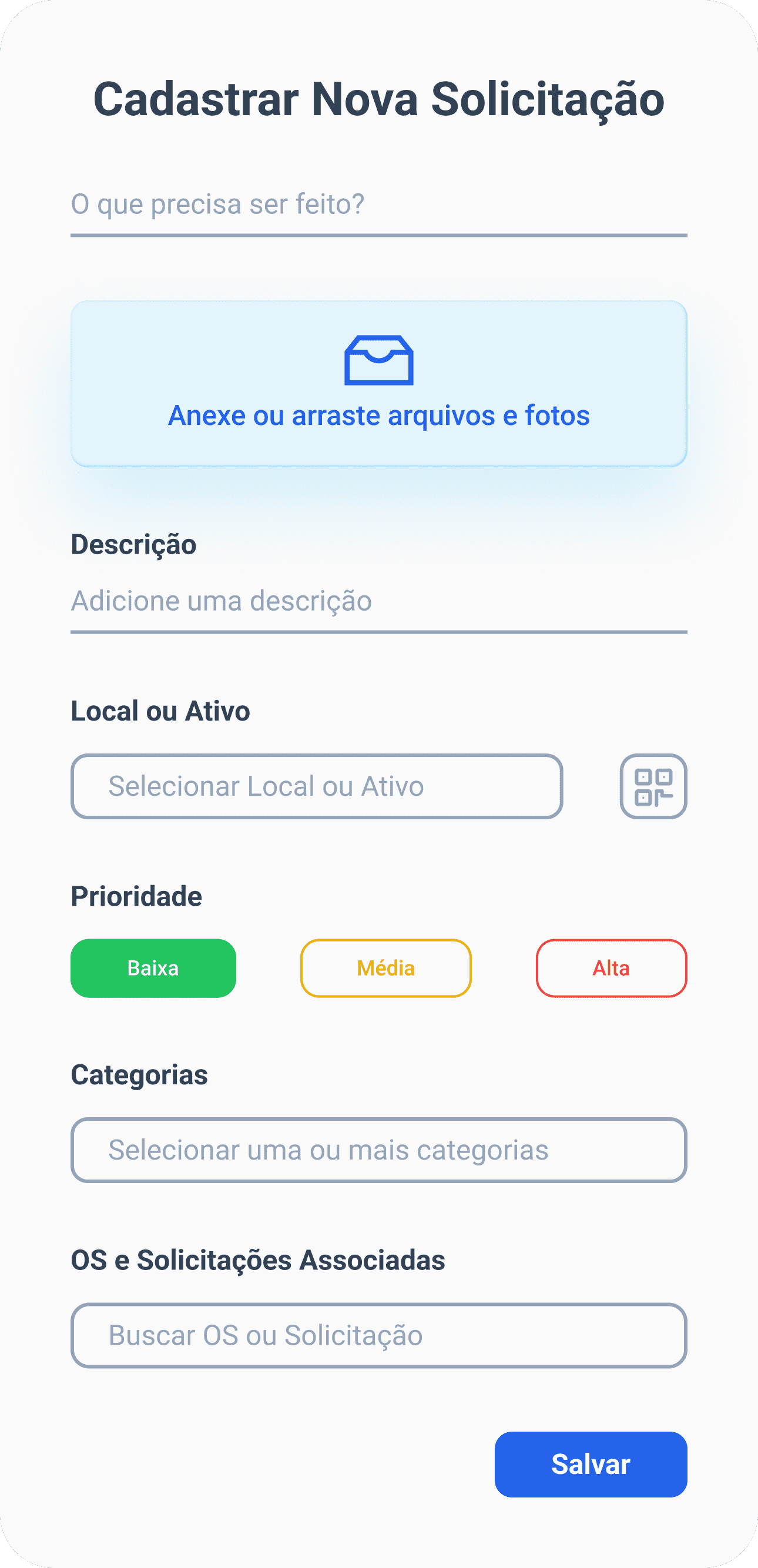 Interface da funcionalidade de Solicitações na versão mobile do CMMS TracOS™. Nela, é possível ver como adicionar imagens e arquivos, descrição, local ou ativo, prioridade e categorias.