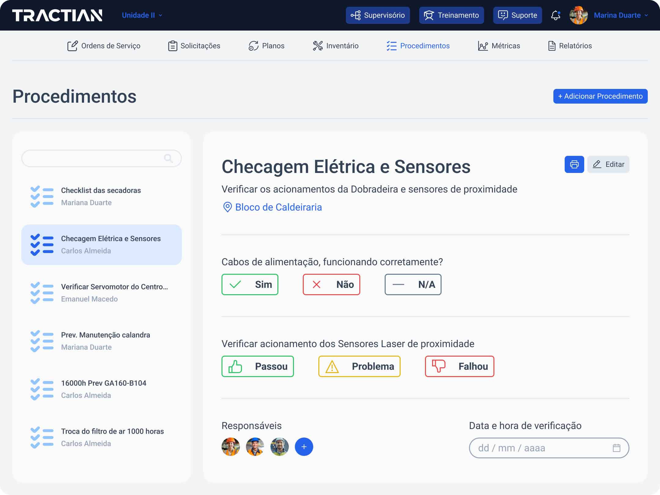 Tela de procedimentos no CMMS TracOS™, da TRACTIAN.