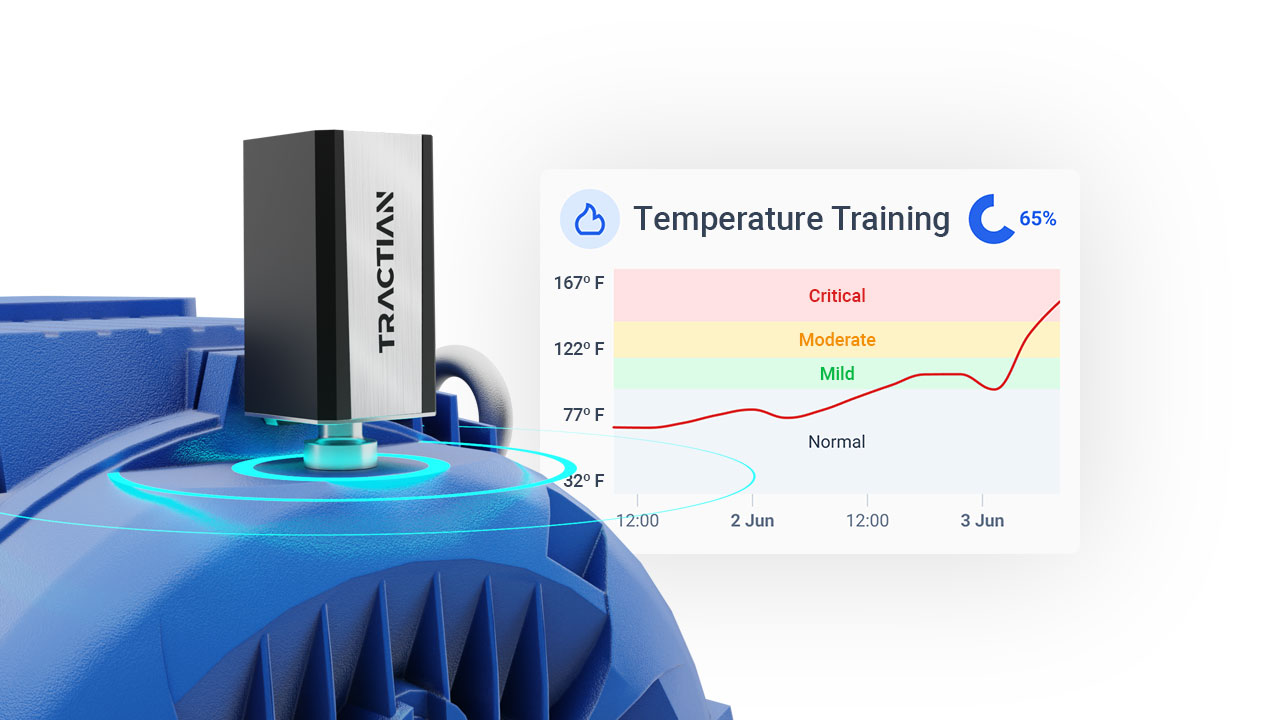 A Smart Trac sensor on a motor, next to an insight showing temperature training.